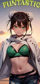 Anime character in green bikini on beach with sunset background.