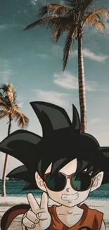 Anime character on a tropical beach with palm trees and cool shades.