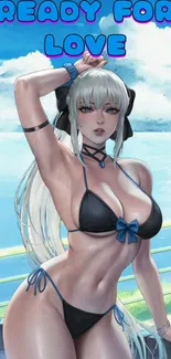 Anime character in bikini by ocean with sky and beach backdrop.