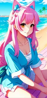 Anime girl with pink hair at the beach.