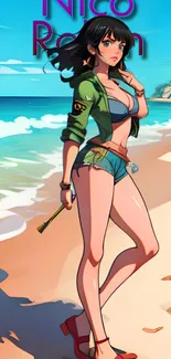 Anime figure on a sunny beach, vibrant tones.