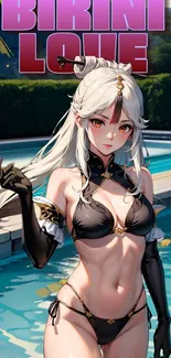 Anime girl in bikini by the poolside with intricate design.