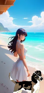 Anime girl with a dog on a picturesque beach.