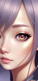 Anime girl with amber eyes and light purple hair in digital artwork.