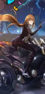 Anime girl on motorcycle under a stormy sky.