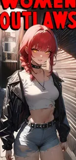 Anime girl in alley with red hair and leather jacket.