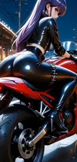 Anime biker sits on a red motorcycle at night.