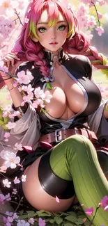 Anime character with braids among cherry blossoms.