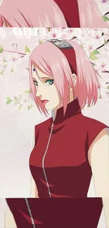 Anime character with pink hair and cherry blossoms background in a vibrant design.