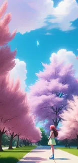 Anime girl under cherry blossoms against a blue sky.