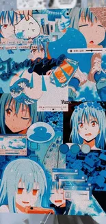 Anime blue aesthetic wallpaper with expressive characters and graphic elements.