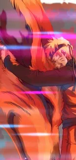 Anime character hugging a large creature with vibrant orange colors.