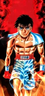 Anime boxer amidst fiery red flames.