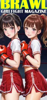 Anime boxing girls in red outfits, fierce pose.