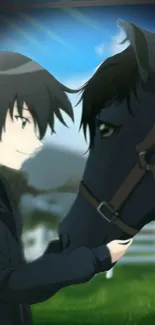 Anime boy gently touching a horse outdoors.