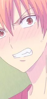 Anime boy with pink hair blushing in an expressive wallpaper.