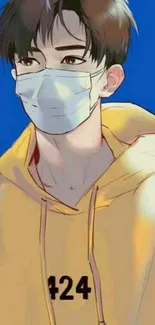 Anime boy wearing yellow hoodie and mask on blue background.