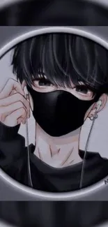 Anime boy with black mask and earphones in gray background.