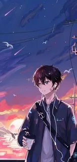 Anime boy standing at sunset with headphones and serene sky.