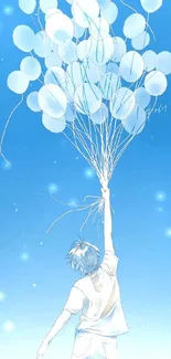 Anime boy reaching for blue balloons in a bright sky.