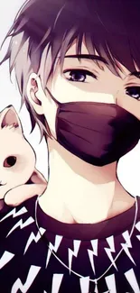 Anime boy with mask holding a cute cat.