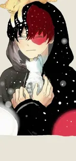 Anime boy holding cats in a hoodie with red and black hair.