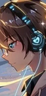 Anime boy wearing headphones with pastel sky background.