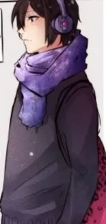 Anime boy with purple scarf and headphones, winter look.