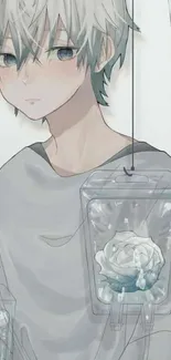 Anime boy with roses in light gray tones.