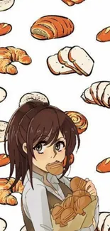 Anime character with bread on bakery-themed wallpaper.