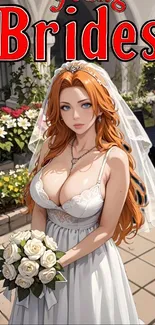 Anime bride in a floral garden, holding a bouquet.