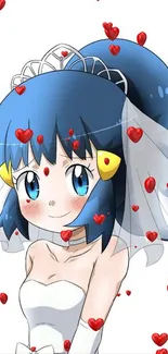 Charming anime bride with blue hair and wedding dress on a white background.