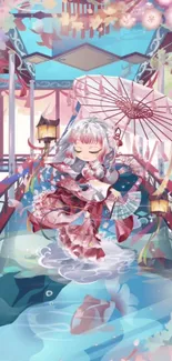 Anime character with parasol on a bridge surrounded by blossoms.