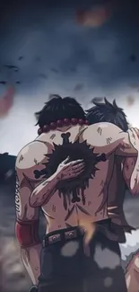 Anime brothers embrace with emotional background.