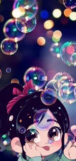 Anime character with bubbles in a colorful, whimsical mobile wallpaper.