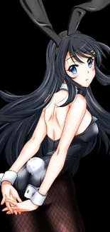 Anime bunny girl with black hair and costume on a smartphone wallpaper.