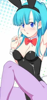 Anime girl in bunny costume with blue hair against dotted background.