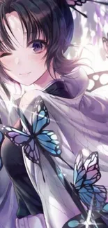 Anime girl with butterflies in purple background, perfect for mobile screens.