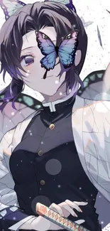 Anime girl with butterflies, purple tones.