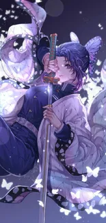 Anime character with sword and butterflies against a purple background.