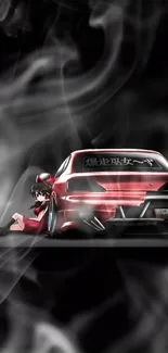 Anime girl with red sports car on dark background wallpaper.