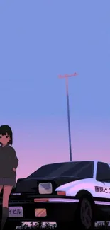 Anime girl with car under serene sunset sky.