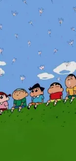 Anime characters sitting on a grassy hill under a blue sky with butterflies.