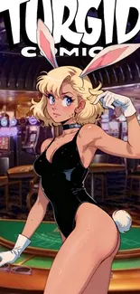 Anime bunnygirl in a casino setting, stylish and vibrant wallpaper.