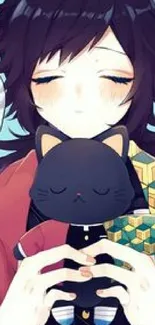 Anime girl cuddling a black cat in serene artwork.