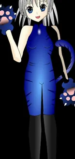 Anime girl in blue cat costume with paws pose.