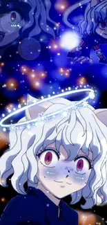 Anime cat girl with halo in galaxy-themed wallpaper.