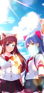 Anime cat-eared girls under a sunny sky.