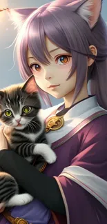 Anime girl with cat ears holding a kitten.