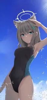 Anime cat girl in swimsuit under blue sky.